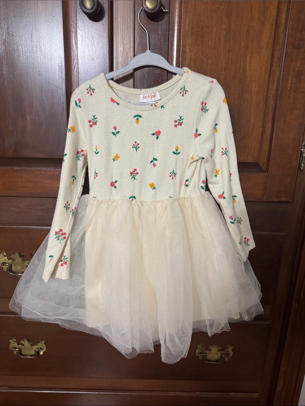 Cat & Jack Cream Floral Knit Long-Sleeve Tulle Dress